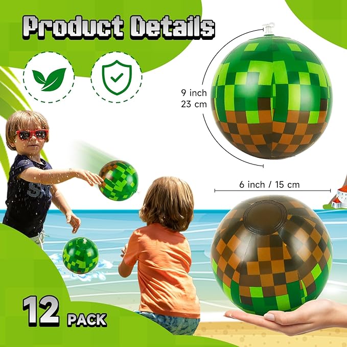 12 Pack Pixel Themed Beach Balls - 6 Inches Green and Brown Inflatable Floating Balls for Birthday Party Decorations, Summer Pool and Beach Game, and Bulk Birthday Party Favors