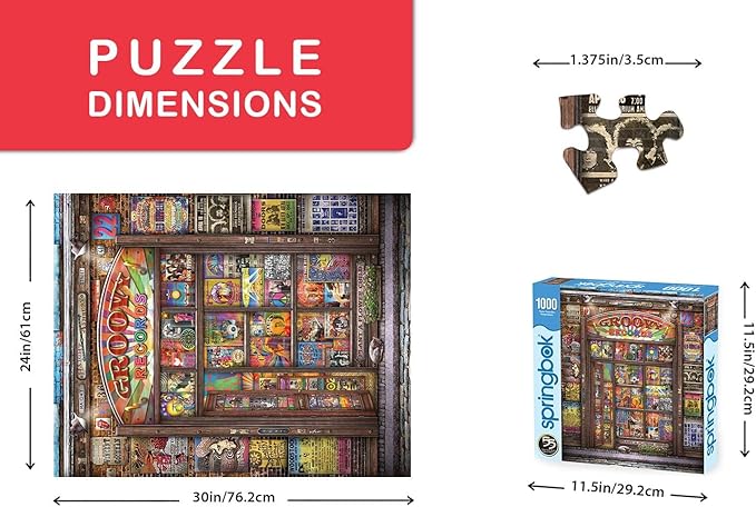 Springbok Groovy Records 1000 piece Jigsaw Puzzle for Adults features a colorful illustration of a classic record store