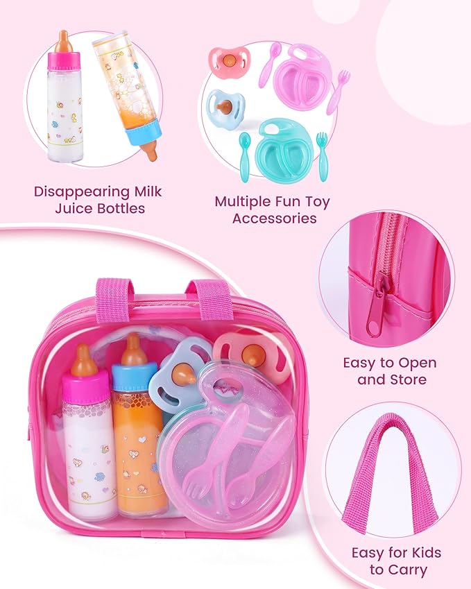 BABESIDE 13 Pcs Baby Doll Accessories Set with Magic Bottles Diapers Pacifiers and Storage Bag, Baby Doll Feeding Set with Realistic Baby Doll Accessories for Girls Pretend Play Toys