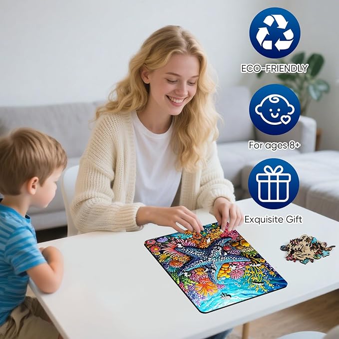 Mocfesk Wooden Puzzles for Adults, Starfish Wooden Puzzles 200 Pieces, Unique Shaped Underwater Ocean Jigsaw Puzzles for Adults and Kids, Birthday Gifts Fun Family Game 11.8 x 8.8 in