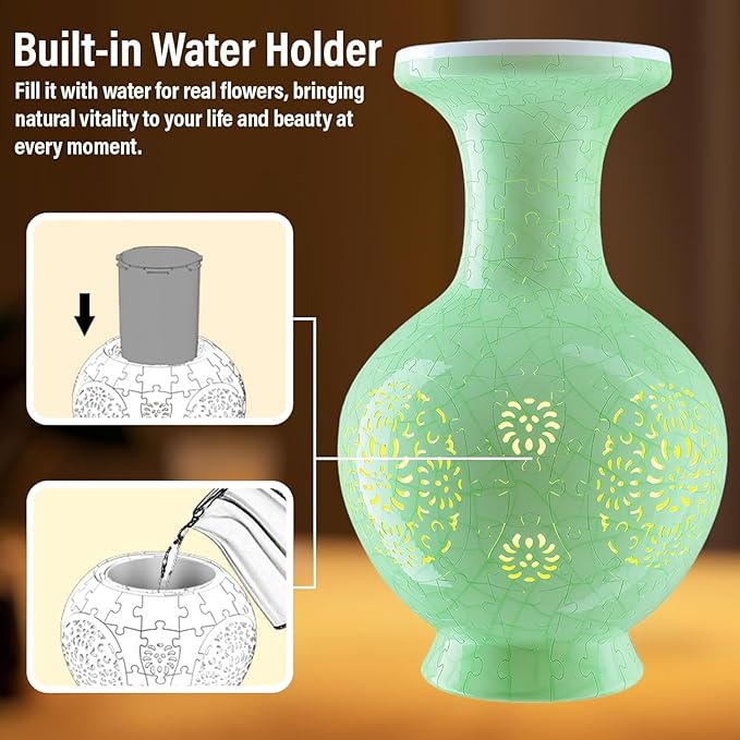 3D Puzzles Vase for Adults, 200 Pieces Plastic DIY Unique Flower Vase with LED Light House Warming Gift Birthday Gifts for Flower Arrangements and Home Decor (C- Mint Jade)