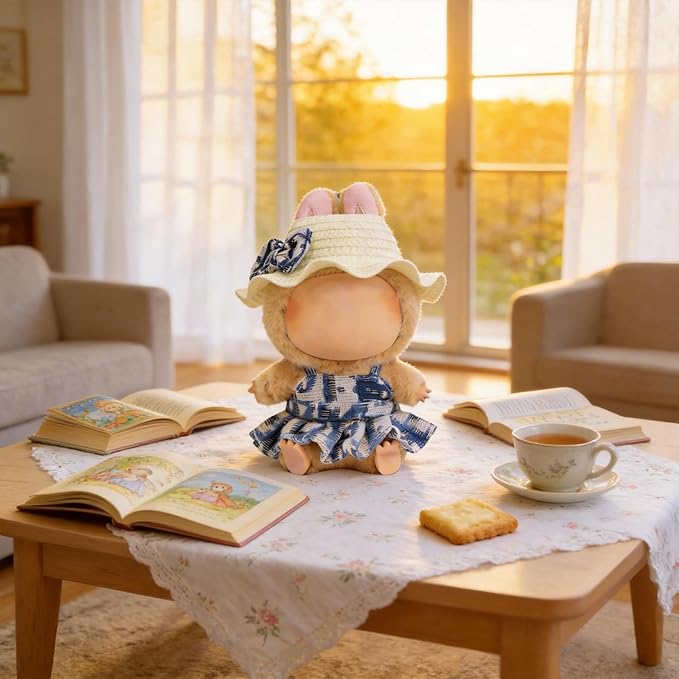 Doll Clothes for 17cm Dolls, Premium Handmade Fashion Clothes 3 Piece Set Including a Weaving Hat, Clothes and Bow with High-End Dolls Accessories for Play & Display - Pure Blue (No Doll No Logo)