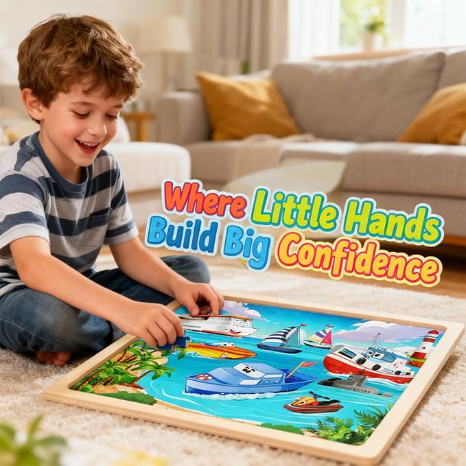 Wooden Puzzles for Kids Ages 5-8, Set of 4 Packs with 60 Pieces Wood Jigsaw Puzzles, Vehicle Theme Educational Toys Birthday Gifts for Kids 4 5 6 7 8 9 Years Old (Vehicle 60 Pieces)