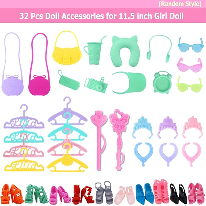 42 Pcs 11.5 inch Doll Clothes & Accessories, 2 Princess Dresses 2 Sequin Fishtail Swimsuits 2 Tops 1 Skirt 1 Pants 3 Bikini 1 Butterfly Wing Clothing, Doll Hangers Shoes ... for Girls Gift Age 3-6 5-7