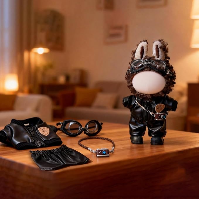 Doll Clothes for LABUBU - 17cm Urban Streetwear Outfits & Accessories Set, 4Pcs with Jacket, Pants, Camera & Goggles (Doll Not Included).