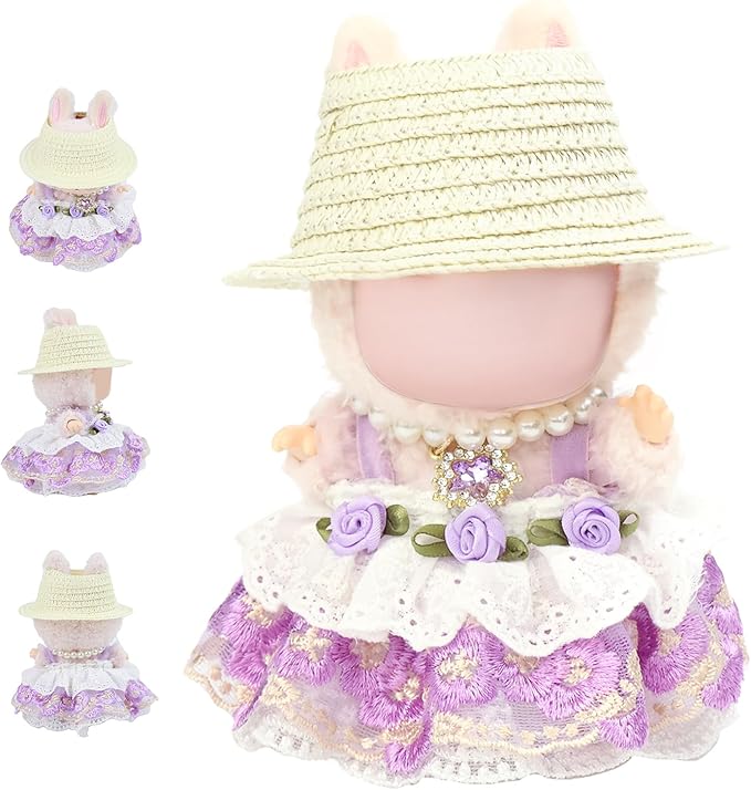 Clothes for labubu Skirt Set for Doll 3 Piece Set with Dress Outfit Hat Necklace Chic Dress for Dolls Accessories (NO Doll)(Lavender Lace)