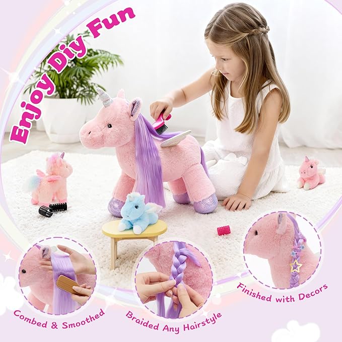 Tezituor Pink Unicorn Stuffed Animal with Hair & Wings,Unicorn Plush Toys for Girls Kids with 3 Babies Inside, Unicorns Plushie,Rainbow Unicorn Stuffy for Birthday, Easter, Valentines Day Gifts