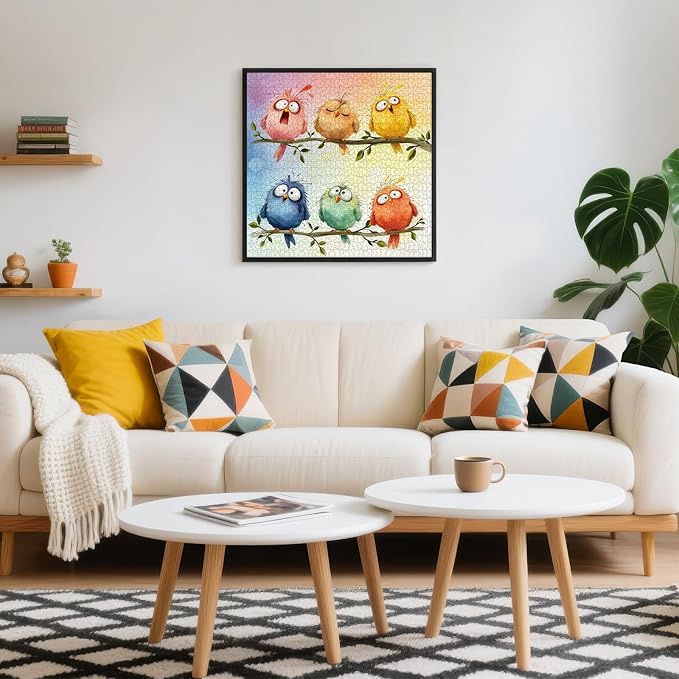 Funny Birds 1000 Piece Puzzle for Adults, Puzzles with Letters on Back, 6 Cute Cartoon Birds Pastel Watercolor Spring Garden, 22.8x22.8 Wall Art, Challenging Family Game, Easter