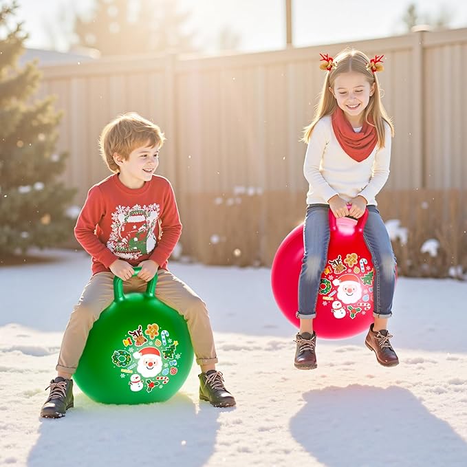 ZOOJOY Hopper Ball 2-Pack Set for Girls&Boys 3-8 with Free Hair Clips, Festive Red & Green 18in Bouncy Ball with Handle for Kids, Christmas Toys Indoor and Outdoor Play Includes Pumps