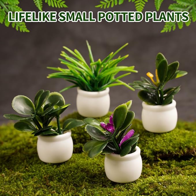 8Pcs 1/12 Scale Dollhouse Miniature Plants, Artificial Potted Greenery Tiny Flower Pots for DIY Crafts & Fairy Garden Micro Landscape Decoration (MiniPlantPot)
