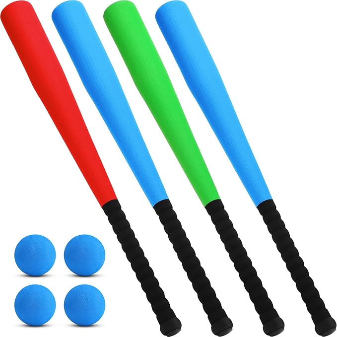 Wettarn 4 Pcs 24 Inch Foam Baseball Bat Foam Bat with Safe Soft Baseballs T Ball Set for Outdoor Indoor Sport Game Beginners Practice Playing Training(Red, Blue, Green)