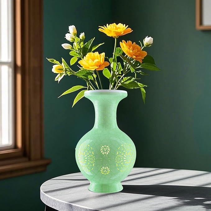 3D Puzzles Vase for Adults, 200 Pieces Plastic DIY Unique Flower Vase with LED Light House Warming Gift Birthday Gifts for Flower Arrangements and Home Decor (C- Mint Jade)