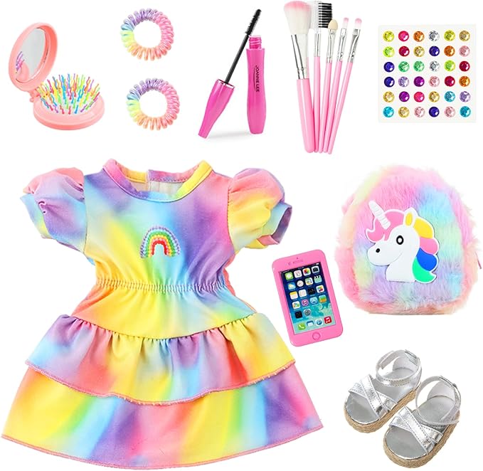 K.T. Fancy 18 Inch Doll Clothes and Accessories - Dress Makeup Set -Included Skirt, Backpack, Headband, Cosmetic Brush, Mini Phone, Mini Comb, Stickers & Shoes（NO Doll）