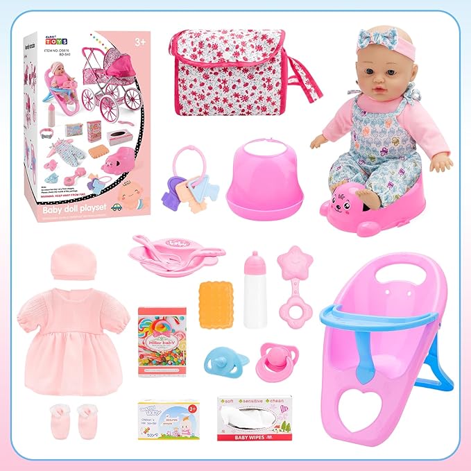 deAO Baby Doll Stroller Set Baby Doll Accessories Playset Pretend Play Toys with 12" Baby Doll,Foldable Stroller,2 Sets Doll Clothes High Chair Christmas Birthday Gift for Toddler Girls 3-7