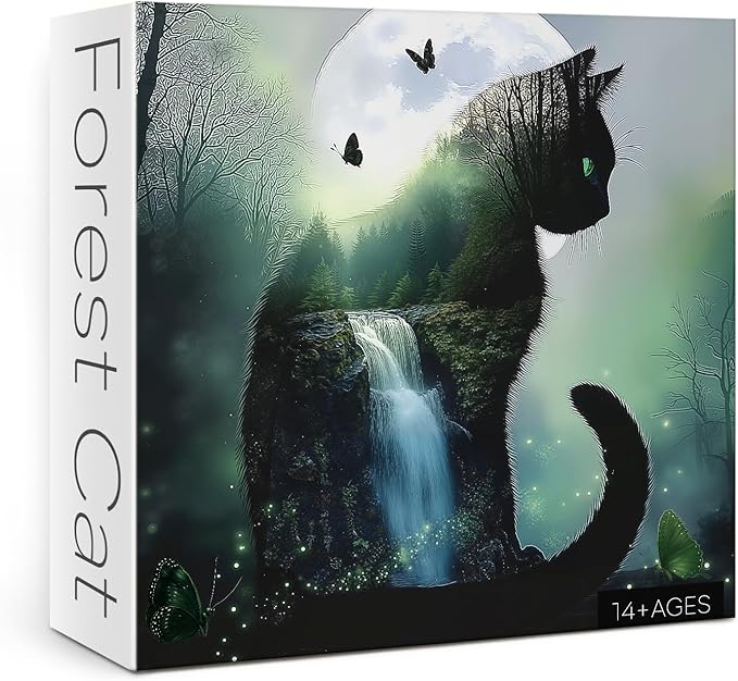 Cat Butterfly Puzzle for Adults 1000 Pieces, Challenging Animal Jigsaw Puzzle, Moon Mountain Tree Forest Kitten Puzzle
