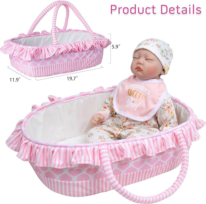 13 Pcs Reborn Baby Doll Clothes with Bassinet Pacifier Diaper fit 17-22 inch Reborn Dolls Cute Pink Baby Doll Clothes Accessories Set