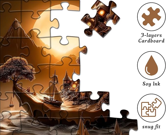Fantasy Landscape Puzzle for Adults 1000 Pieces, PICKFORU Moonlit Haven Moon Village Puzzles，Nature Scenery with Boats Lanterns, Night Scene Jigsaw Puzzles Scenic