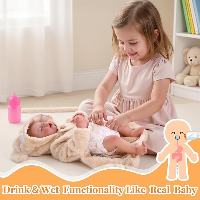BABESIDE Drink and Wet Reborn Baby Doll – 17 Inch Realistic Sleeping Newborn, Can Drink Water & Pee, Full Body Soft Vinyl Real Life Baby Doll Girl in Bear Outfit, for Kids Age 3+