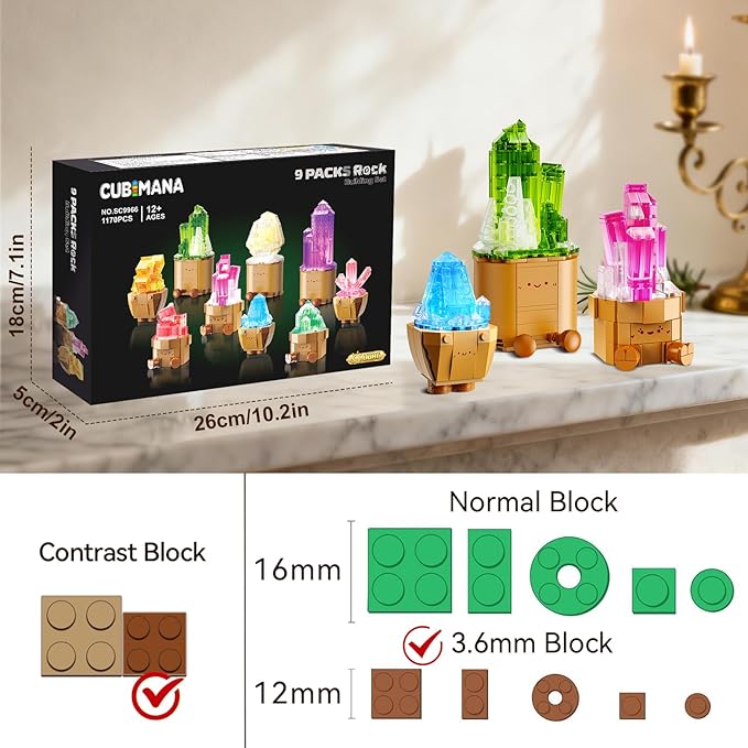 9 Pack Easter Party Favor Mineral Mini Building Set with LED Light, 1170PCS Crystals Flower Bonsai Block Toy for Goodie Bag Fillers Classroom Prizes, Birthday Gift for Kids Adults Women