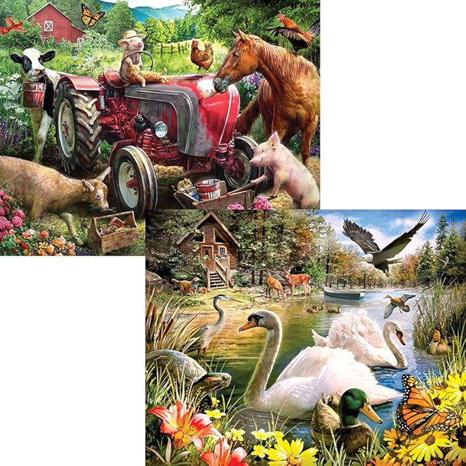 Bits and Pieces – 4-in-1 Multipack Jigsaws 500 Piece Puzzles for Adults - Puzzles Measures 18" x 24" – Picnic Surprise Pickup Tractor Summer Retreat 500 pc Multipack Jigsaws by Artist Larry Jones