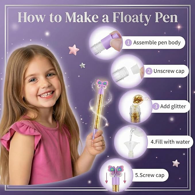 Alritz DIY Pen Making Kit for Kids, Floating Glitter & Pipe Cleaner Craft Kit, Educational Art Toy, Safe All-in-One Supplies, Easter Birthday Party Back to School Gift for Girls and Boys Ages 8-12