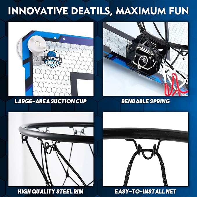 BOHEN Indoor Mini Basketball Hoops with Powerful Suction Cup, Stick to Windows, Wooden Doors, Smooth Walls - Basketball Backboard Indoor Bedroom Office for Kids Teens Adults