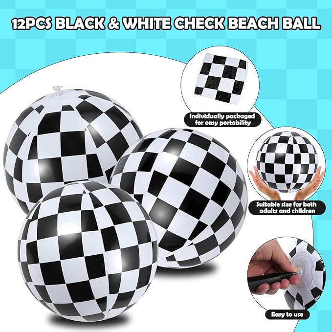 12 Pcs Black and White Checkered Flag Themed Beach Balls, Bulk 7.87” Inflatable Race Car Beach Balls for Kids Summer Pool and Beach Car Themed Birthday Party Favors Supplies Decorations
