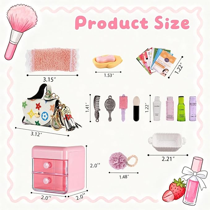 72Pcs Dollhouse Mini Jewelry Storage Case Handbag Towel Cosmetic Set Bathroom Acessories Toothbrush Shampoo Perfume Hair Dryer Comb Purse Decor DIY Doll Backpack Girl Micro Scene