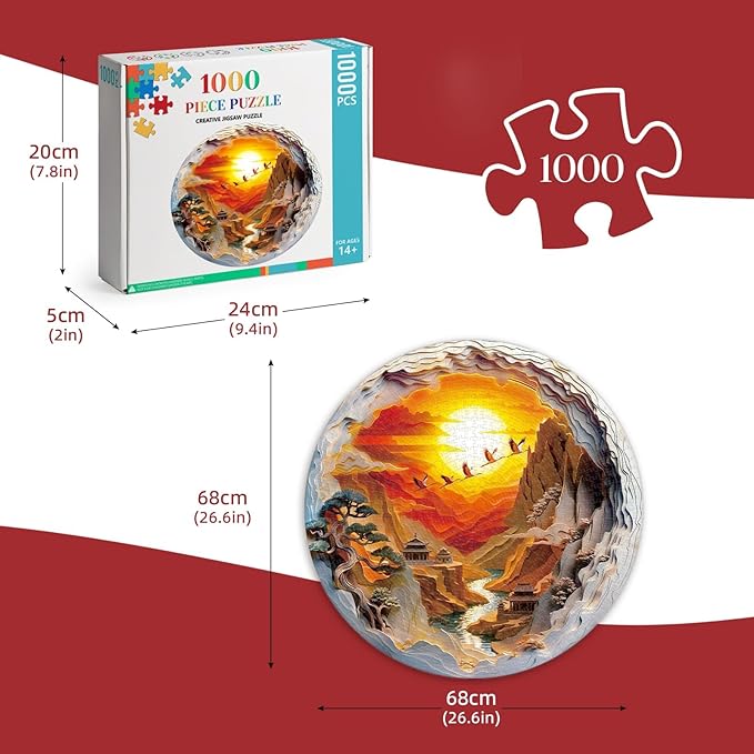 Round Jigsaw Puzzle 1000 Pieces - 3D Paper-Cut Style Golden Sunset - 26.6" Circular Challenge, Oriental Crane Landscape, Mindful Stress Relief Gift