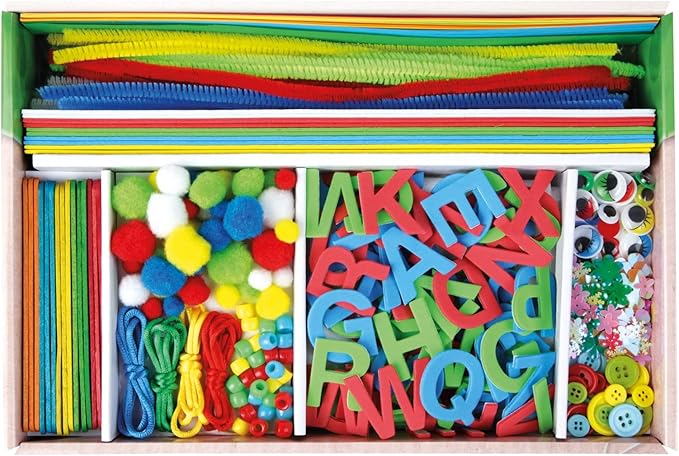 Lena Craft Case with 400 Pieces, Craft Set Consisting of Paper, Foam Rubber, Pipe Cleaner, Rhinestones, Wiggly Eyes, Pompoms and Buttons, in Bright Colours, Suitable for Children from 5 Years