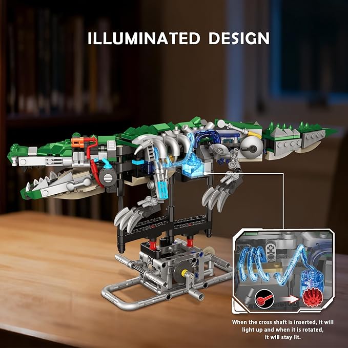 Kinetic Mechanical Crocodile Building Kit - Light-Up Interactive Animal Model with Hand-Crank Moving Jaw, Claws & Tail - STEM Construction Toy for Kids & Adults