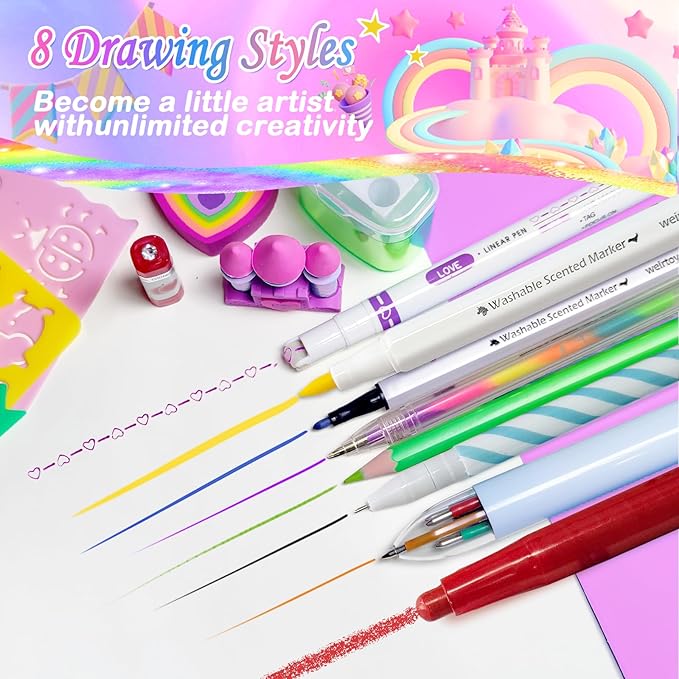 weirtoya 53 PCS Washable Scented Markers Set with Glitter Pencil Case, Mermaid Unicorn Arts and Crafts for kids 4-6-8 Kids Coloring Drawing Kits for 4-8 Years Old Girls Birthday Gifts