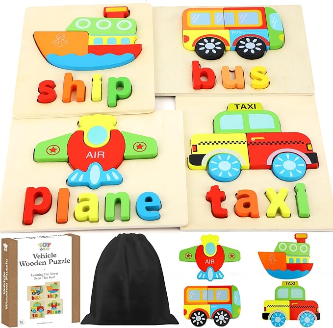 TOY Life Toddler Puzzles Ages 2-4, 4 Vehicles with Spelling Wooden Puzzles for Toddlers 3-5, Montessori Toys Gifts for 1 2 3 Years Old Boys Girls, Christmas Birthday Gifts Learning Toys for Kids