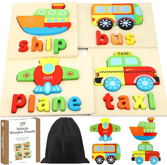 TOY Life Toddler Puzzles Ages 2-4, 4 Vehicles with Spelling Wooden Puzzles for Toddlers 3-5, Montessori Toys Gifts for 1 2 3 Years Old Boys Girls, Christmas Birthday Gifts Learning Toys for Kids