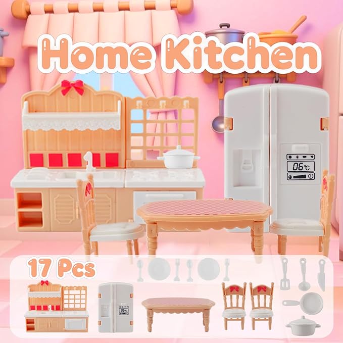 46Pcs Dollhouse Furniture Accessories Set Mini House Furniture Small Dollhouse Miniature Furniture Pretend Play House 1:12 Kitchen Bedroom Livingroom Bathroom Tiny Toy Boy Girl Kid Toddler (B Set)