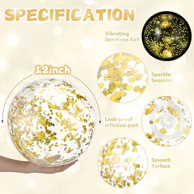 12 Pack 12 Inch Glow in The Dark LED Beach Ball Jumbo Confetti Glitters Inflatable Ball Swimming Pool Game for Party Pool Summer