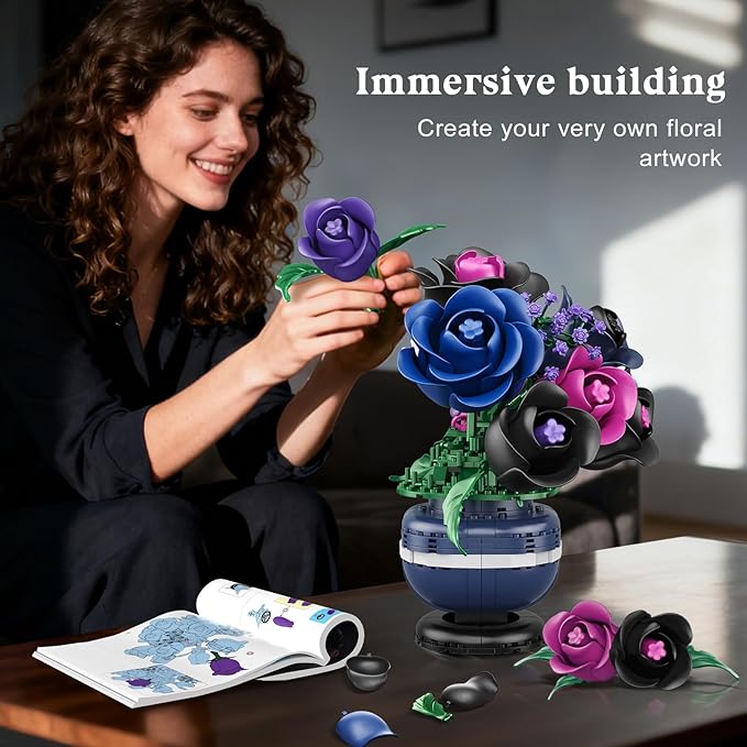Flowers Botanicals Building Set - Artificial Purple Black Rose Bonsai Plant for Home Decor, 507PCS Artificial Flowers Building Set Indoor Gothic Decoration, Easter Birthday Gifts for Adults