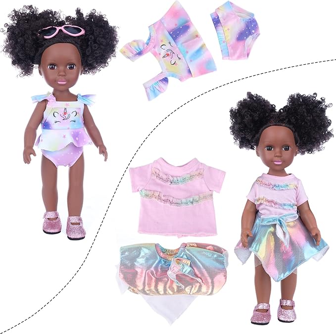 UZIDBTO Black Dolls and Black Baby Doll Accessories - 14.5 Inch Silicone African Baby Doll with Clothes Unicorn Theme Doll Swimsuits Best Gift for Girls Kids