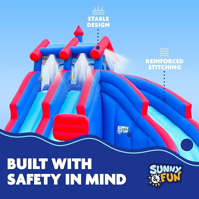 Sunny & Fun Mega Sport Inflatable Water Triple Slide Park – Heavy-Duty for Outdoor Fun - Climbing Wall, 3 Slides & Splash Pool – Easy to Set Up & Inflate with Included Air Pump & Carrying Case
