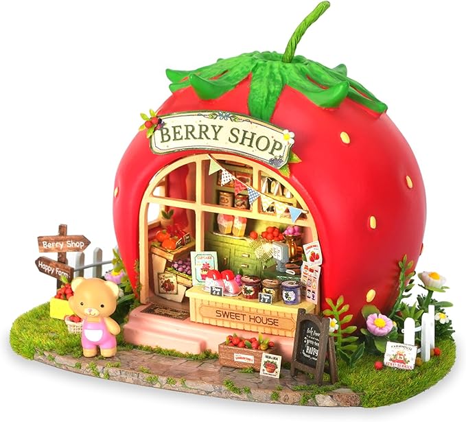 TuKIIE DIY Miniature House Kit with Furniture, 1:100 Scale Creative Room Mini Wooden Dollhouse Book Nook for Kids Teens Adults(Berry Shop)