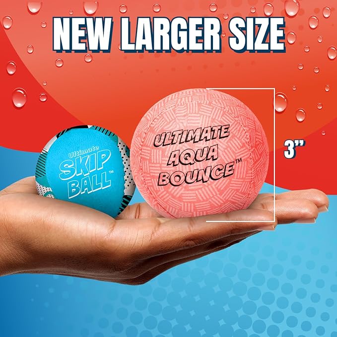 Activ Life Ultimate 2 Pack Larger 3” Water Skip Balls - Bouncing Balls for Swimming Pool & Beach Fun - Designs Include Baseball, Basketball, Volleyball, and Tennis for Kids, Friends, and Family
