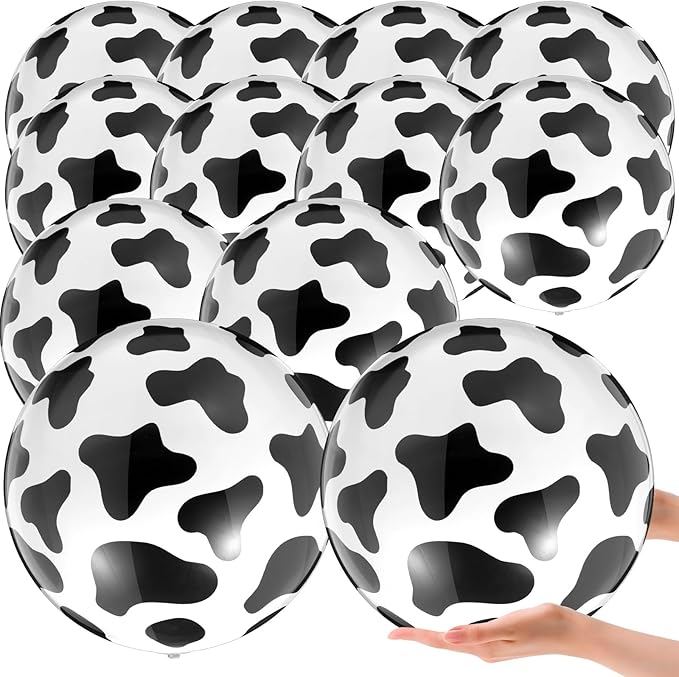 12 Pieces Inflatable Beach Ball Set - 10 Inch Cow Print Beach Balls for Theme Party Supplies Summer Pool Decor Cowgirl Cowboy Farm Animal Birthday Fun Party Favors