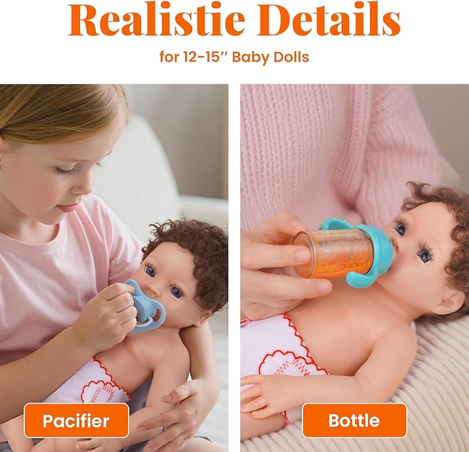 BABESIDE Baby Doll Accessories – 9 Pcs Feeding Set with Magic Bottles, Pacifiers, Bibs, Diapers & Carry Bag, Pretend Play Kit for 12–15 Inch Dolls