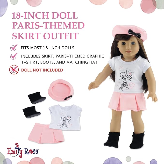 Emily Rose 18" Doll Paris Fashion Bundle - 7-Piece Chic Travel Outfit Set with Coat, Beret Hats, Graphic Tee & Ankle Boots - Gift Boxed French Style Clothes Compatible with American Girl Dolls