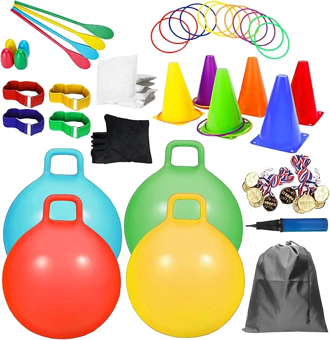 58PCS Carnival Outdoor Games Combo Set,17.7IN Hopper Balls with Handle,Egg Spoon Relay Race,Soft Plastic Cones Bean Bags Ring Toss Game,3 Legged Race for Family Reunion Outside Field Day Easter Games
