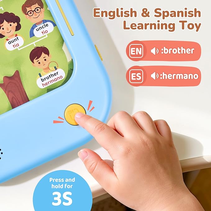 JoyCat Bilingual Kids Learning Tablet, 106 Pages Spanish & English Talking Cards with 20 Interactive Games, Montessori Toy for Alphabet, Words, Numbers, Colors & Songs, Learning Gifts for Toddler 2-6