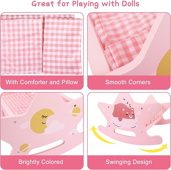 Offelec Wooden Baby Doll Crib Set, Pink Baby Doll Bed Toys, Rocking Baby Doll Cradle Accessories, Play Cradle for Dolls, Doll Furniture Accessories,Gift for Boys Girls Kids, Ages 3+