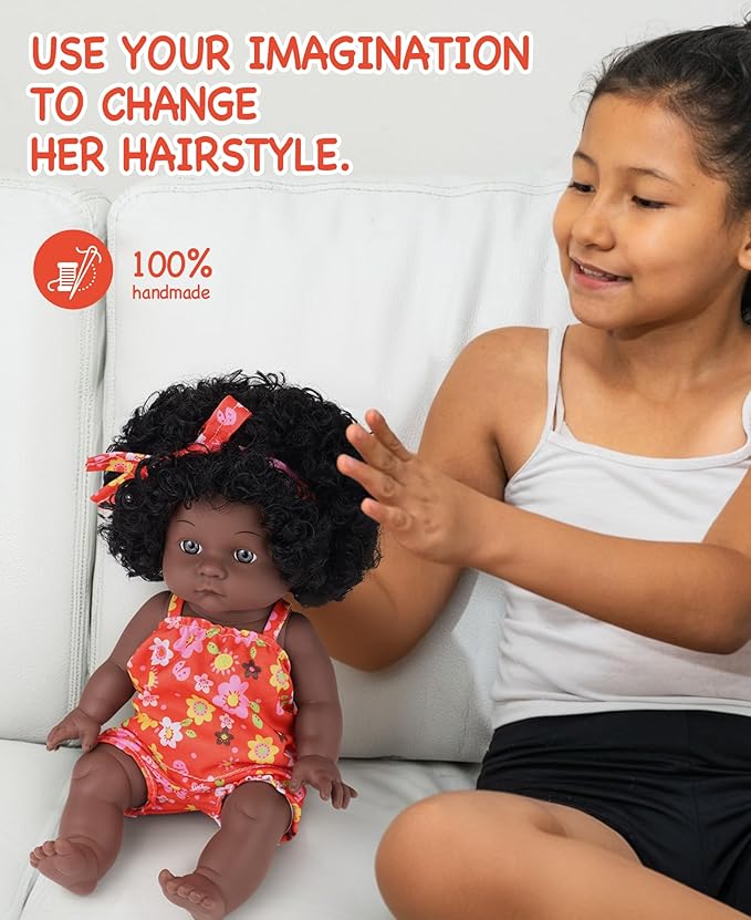 GAGAKU Black Baby Doll for 3 4 5 6 Years Old,12 inch Black Baby Dolls for Girls with Curly Hair, 2-Sets Doll Clothes,Small Baby Dolls for Toddlers Kids and Girls Holiday Birthday