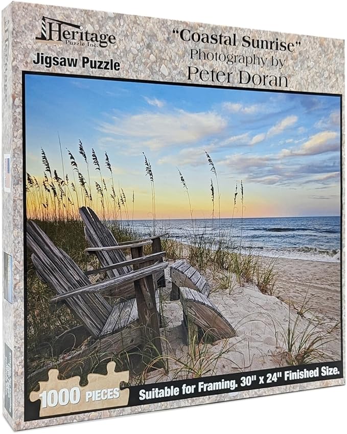 Heritage Puzzle Coastal Sunrise Beach Ocean Jigsaw Puzzle for Adults 1000 Pieces, Frameable 30" x 24" Relaxing Coastal Puzzles - Serene Scene on Sandy Shore by Peter Doran - Made in U.S.A.