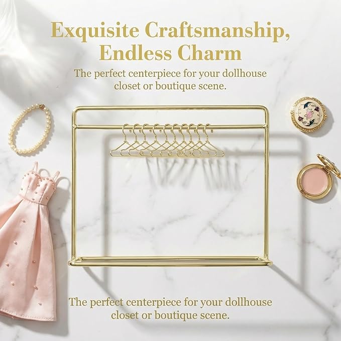 STOBOK Miniature Doll Garment Rack Set Mini Doll Dress Clothing Display Rack with 10Pcs Mini Dollhouse Clothes Hangers for Dollhouse Furniture Accessories Supplies, Golden